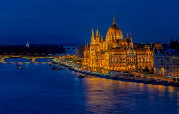 Picture bridge, river, the building, architecture, night city, promenade, Hungary, Hungary, Budapest, Budapest, Margaret Bridge, Danube …