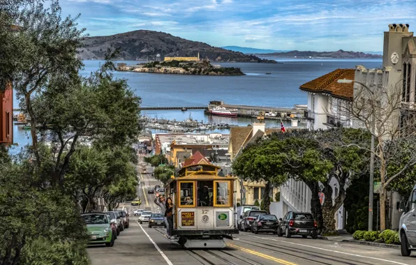 Picture road, the ocean, street, coast, building, home, CA, San Francisco, tram, USA, Hyde Street