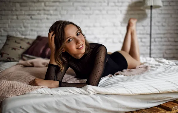 Picture ass, look, smile, bed, Girl, lies, legs, hairstyle, Sergey Potulny, Anastasia Zinovieva