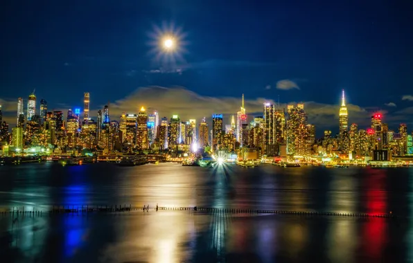 Picture river, building, New York, night city, Manhattan, skyscrapers, Manhattan, New York City, Hudson River, The …
