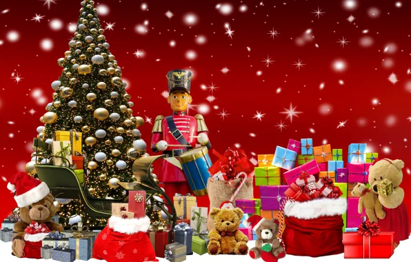 Picture Christmas, New year, Gifts, Bears, Red background, Рождественские подарки для детей, Рождественская ёлка