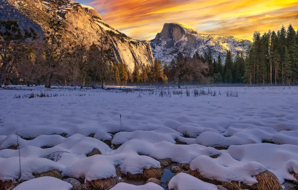 Picture nature, Winter, California, Yosemite Valley, Half Dome, North Dome