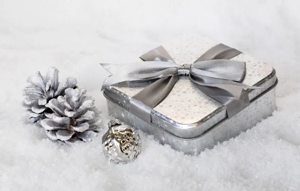 Picture winter, snow, holiday, box, gift, silver, Shine, ball, Christmas, white background, New year, bow, bumps, …