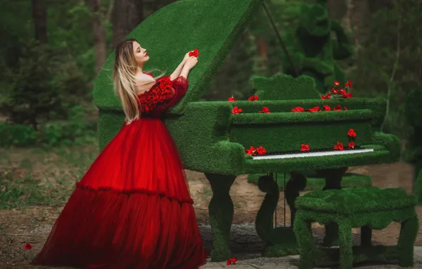 Picture look, girl, flowers, pose, moss, piano, red dress, Diana Lipkina