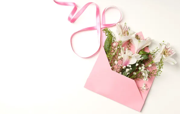 Picture flowers, happy, March 8, pink, flowers, spring, celebration, ribbon, women's day, 8 march, women's day