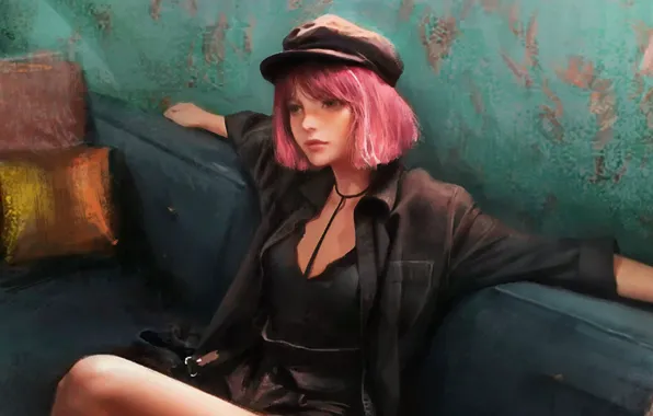 Picture pillow, girl, cap, on the couch, in the room, the wall, pink hair, black shirt, …