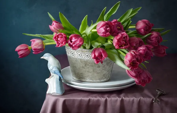 Picture flowers, table, bouquet, spring, key, tulips, plates, fabric, pink, bird, still life, figure, pots