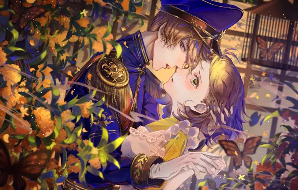 Picture butterfly, hugs, gloves, blush, cap, tears, art, military uniform, almost kiss, in the garden, epaulettes, …