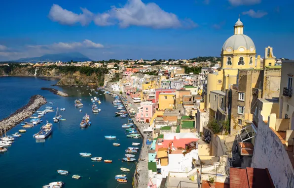 Picture sea, home, Italy, Cathedral, Procida