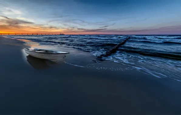 Picture sea, sunset, shore, boat