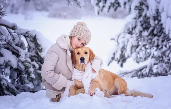 Picture winter, snow, trees, nature, dog, scarf, girl, friends, dog, teen, Victoria Dubrovskaya