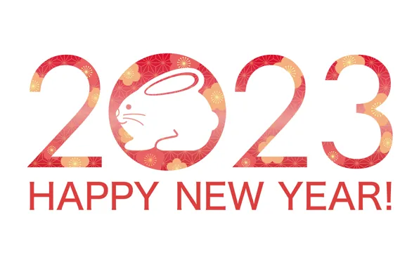 Picture the inscription, pattern, round, rabbit, figures, red, white background, New year, Bunny, ornament, date, symbol …
