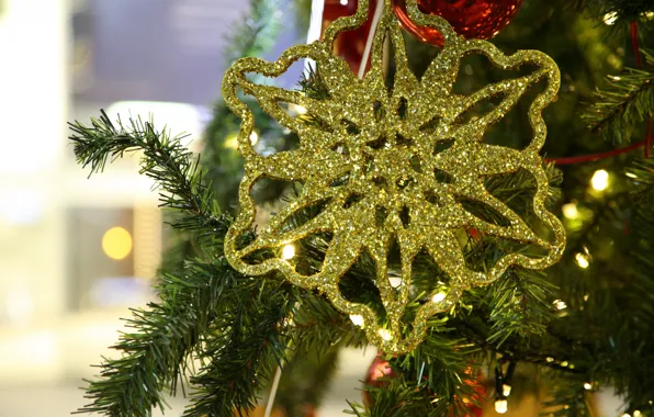 Picture winter, holiday, Christmas, New year, tree, needles, snowflake, Christmas decorations, Christmas decorations, новогодние декорации