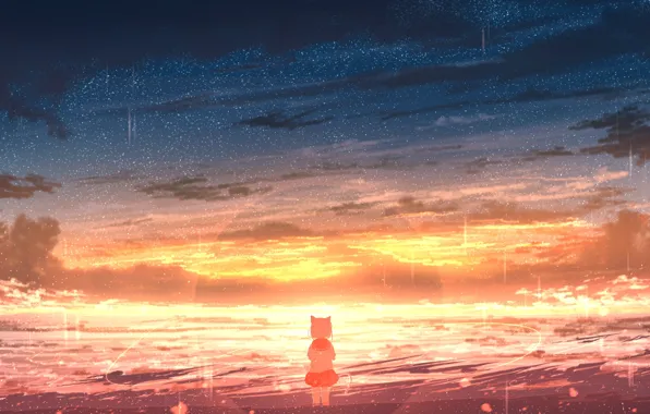 Picture sea, cat, the sky, sunset, girl, Rune Xiao