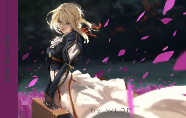Picture the wind, blonde, gloves, suitcase, art, letters, in the dark, red ribbon, Wlop, Violet Evergarden