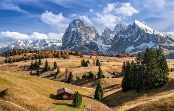 Picture autumn, mountains, Alps, Italy, house, The Alpe di Siusi