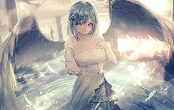 Picture neckline, corset, white dress, gesture, blue hair, angel, stretched out his right hand, white wings, …