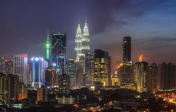 Picture landscape, night, the city, lights, building, Malaysia, Kuala Lumpur