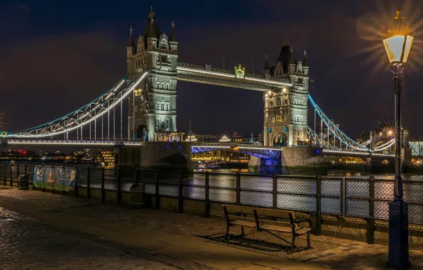 Picture night, bridge, lights, river, England, London, lantern, Tower bridge, promenade, megapolis