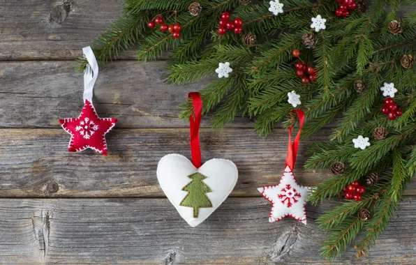 Picture decoration, balls, New Year, Christmas, christmas, balls, wood, hearts, merry, decoration, fir tree, fir-tree branches