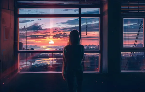 Picture girl, sunset, the city, room, back, view, Windows, art