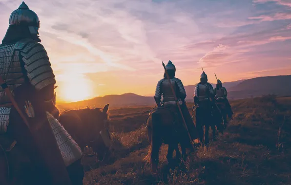 Picture road, field, the sky, the sun, light, sunset, mountains, nature, the way, dawn, horses, armor, …