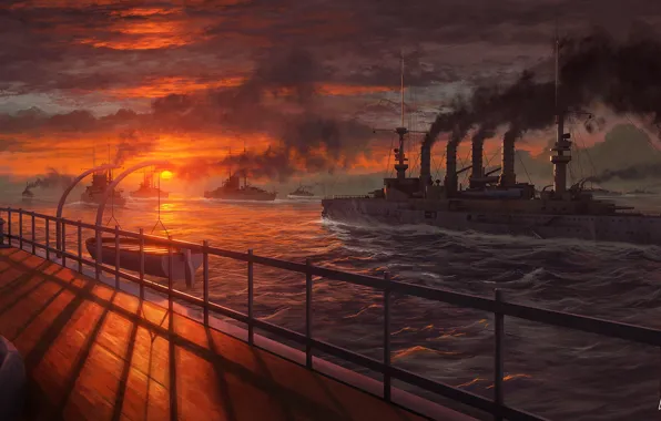 Picture Sunset, The sun, The ocean, Sea, The game, Smoke, Ship, Ships, Wargaming, World of Warships, …