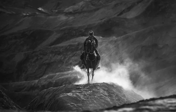 Picture hills, horse, rider, black and white photo