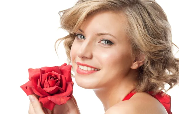 Picture girl, smile, model, portrait, makeup, blonde, white background, red rose, red lipstick