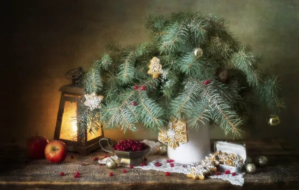 Picture light, branches, berries, table, apples, toys, bouquet, cookies, fruit, Christmas, lantern, New year, box, pitcher, …
