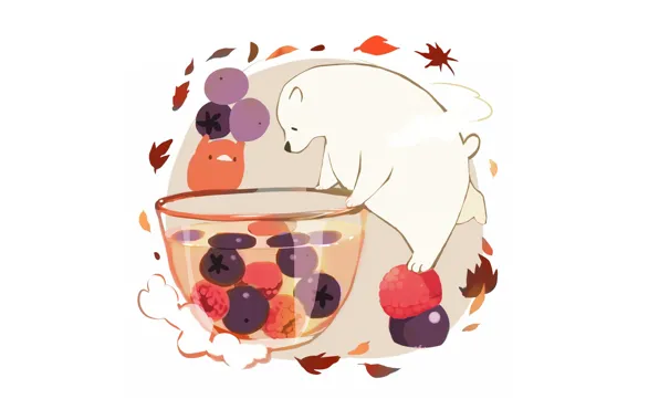 Picture raspberry, blueberries, white background, drink, bird, on one leg, compote, autumn leaves, white bear, стеклянная …