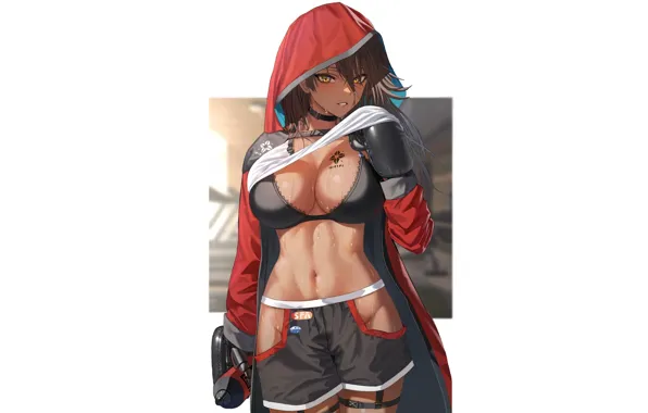 Picture girl, sexy, Anime, brown, coat, hood, tan, tanned skin, boxer, fir, brown girl