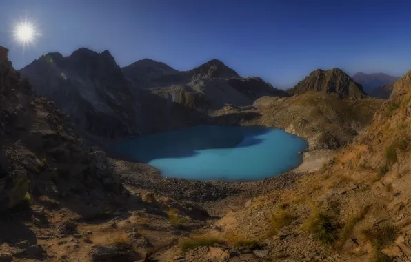 Picture the sun, rays, landscape, mountains, nature, The Caucasus, Arkhyz, Софийское озеро
