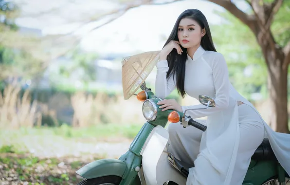 Picture look, girl, nature, hat, moped, Asian, sitting, white dress