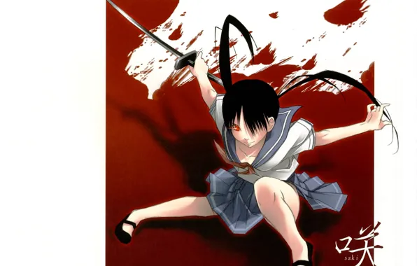 Picture katana, schoolgirl, red eyes, black hair, blood, cool, Moe-tan, combat readiness, by kantoku