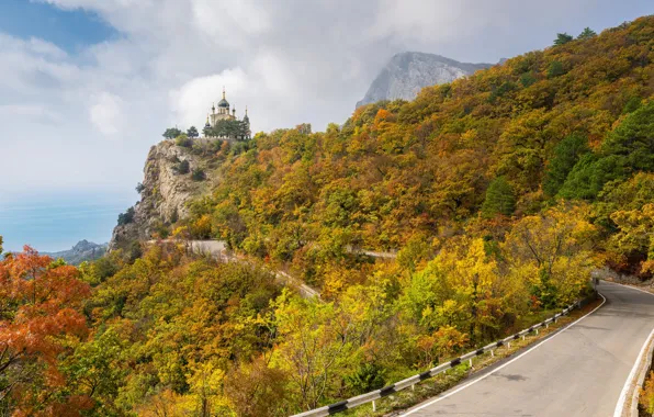 Picture road, autumn, landscape, mountains, nature, Crimea, dome, rock, Red rock, Church of the resurrection