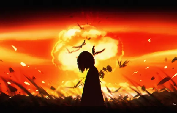 Picture the sky, girl, the explosion, birds, fire