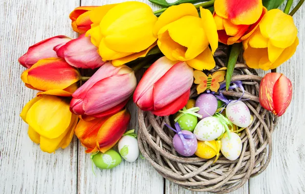 Picture flowers, eggs, colorful, Easter, tulips, happy, yellow, wood, pink, flowers, tulips, Easter, eggs, decoration