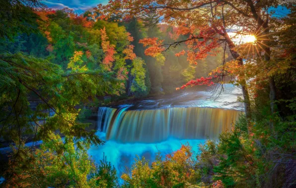 Picture autumn, forest, trees, river, waterfall, Michigan, Michigan, Tahquamenon Falls State Park, Tahquamenon Falls, Tahquamenon River, …