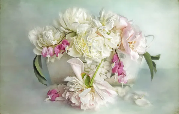 Picture leaves, flowers, background, bouquet, petals, art, pot, pink, white, box, painting, peonies, broken heart, the …