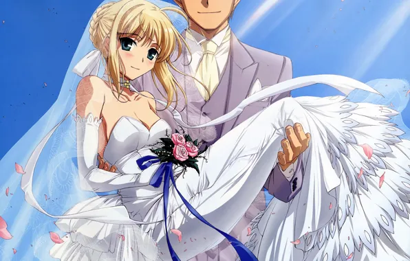 Picture girl, bouquet, the bride, white dress, wedding, the groom, the saber, Fate stay night, Fate …