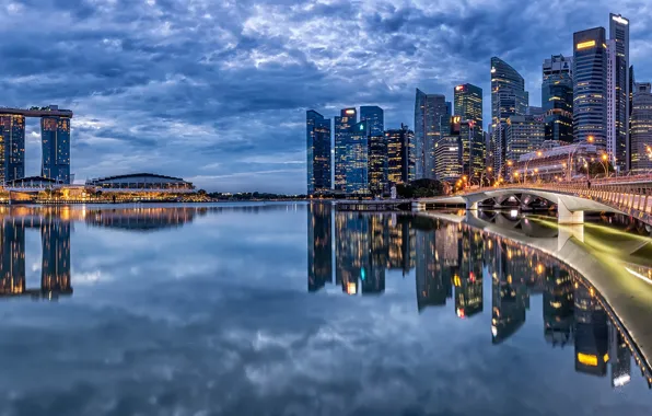Picture the sky, water, clouds, bridge, lights, reflection, building, home, the evening, lights, Bay, Singapore, skyscrapers