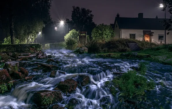 Picture grass, trees, night, lights, stream, stones, for, home, lights, Sweden, the bushes