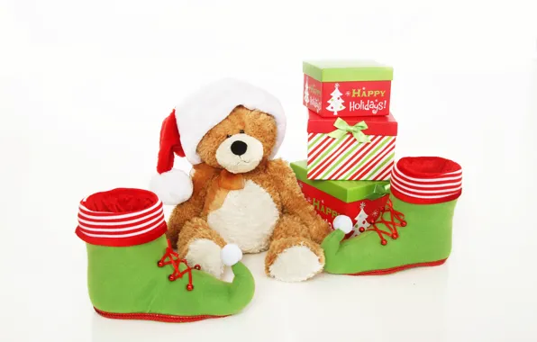 Picture winter, holiday, toy, bear, Christmas, bear, gifts, white background, New year, sitting, plush, Teddy, box, …