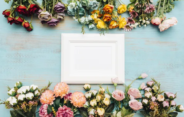 Picture flowers, background, frame, colorful, wood, flowers, bright