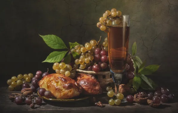 Picture cracked, wall, wine, Board, glass, grapes, nuts, still life, cakes, pies, grape