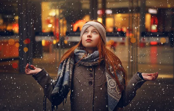 Picture snow, girl, redhead, coat, j e t t e, Ahmed Hanjoul
