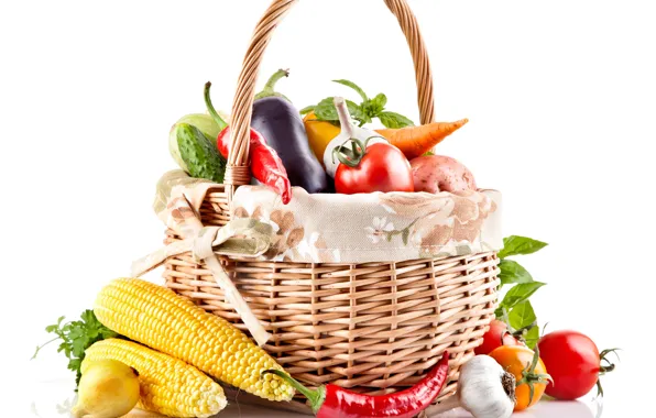 Picture basket, corn, pepper, vegetables, tomatoes, carrots