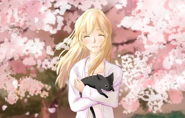 Picture cat, girl, spring, garden, Sakura, Shigatsu wa Kimi no Uso, Your April lie