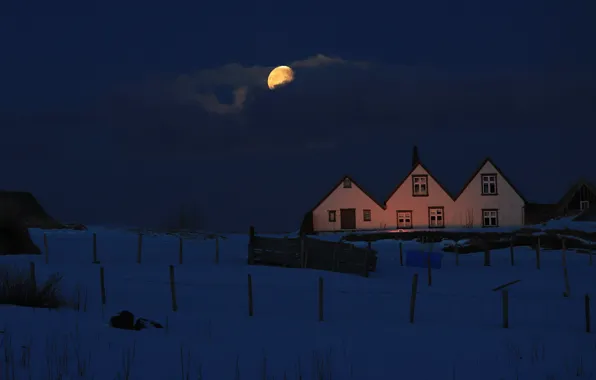 Picture winter, light, snow, night, the moon, the fence, houses